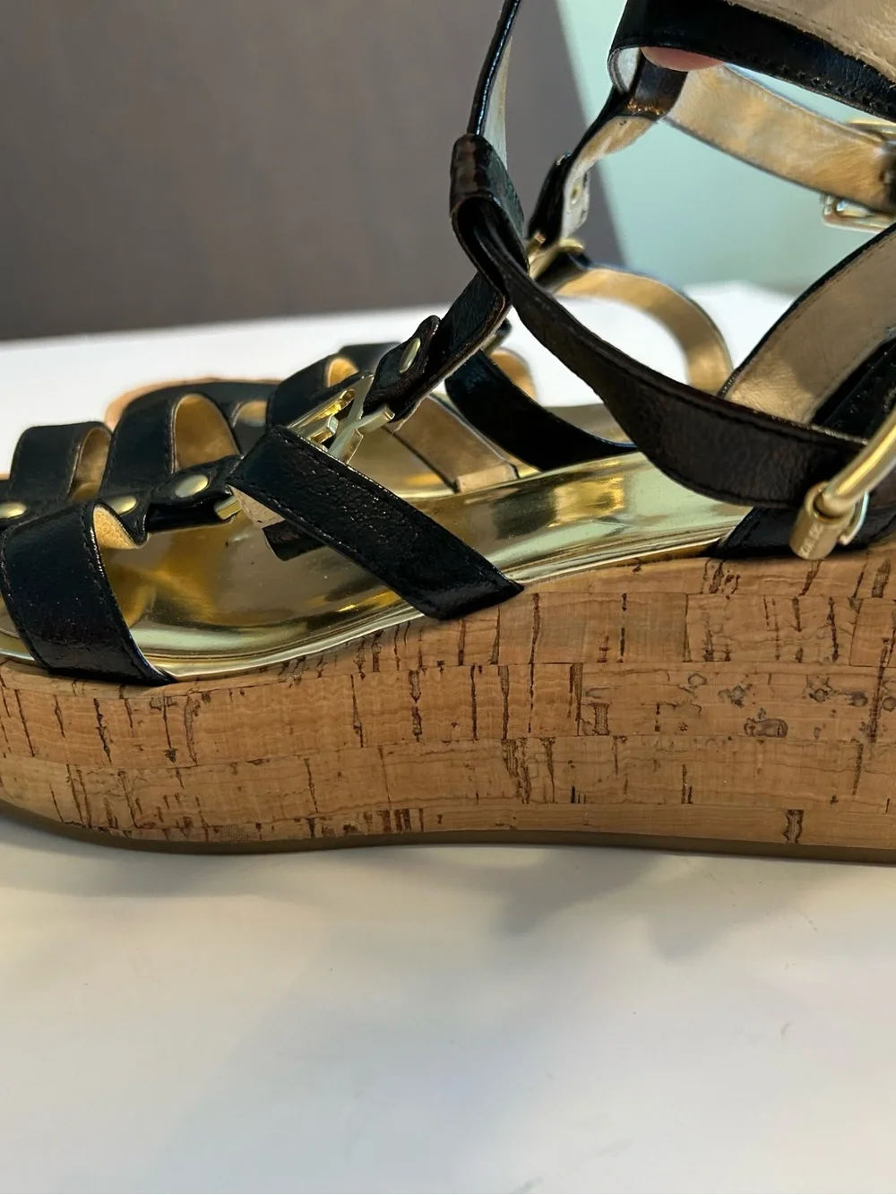 MICHAEL KORS Black Leather Wedge Sandals with Gold MK Logo